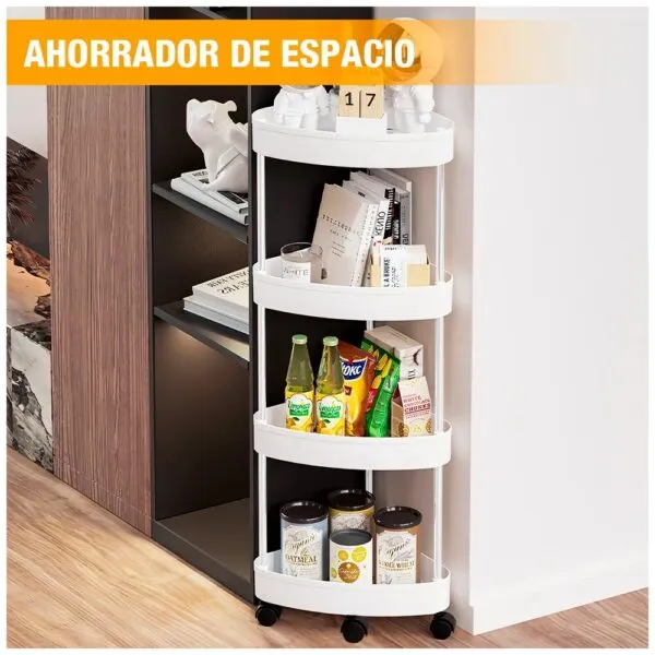 Carrito organizador de 4 niveles con ruedas, ideal para esquineros y ahorrar espacio.