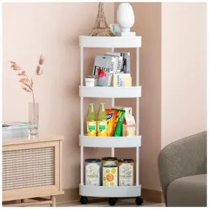 Carrito organizador esquinero de 4 niveles con ruedas, blanco, con libros, bebidas y latas.