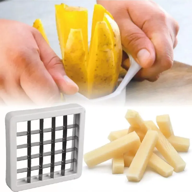 Cortador para hacer papas fritas con un dispositivo para cortar papas en bastones.