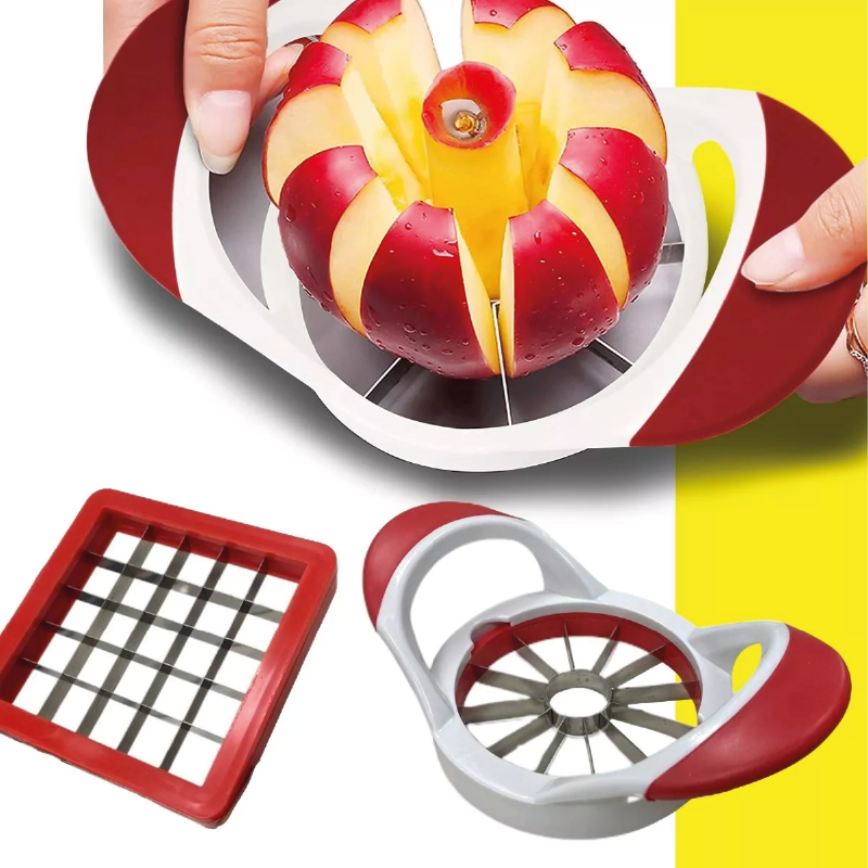 Cortador y descorazonador de manzanas en forma de espiral con dos herramientas adicionales para picar.