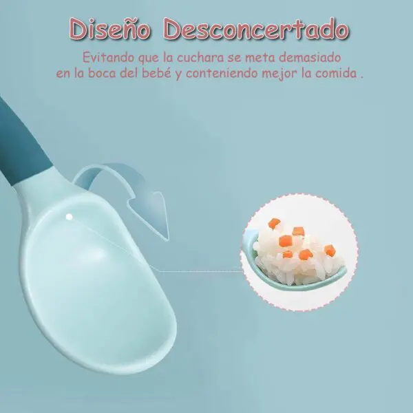 Cuchara flexible para bebé con arroz y zanahoria, diseño anti-reflujo.