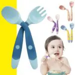 Set x2 cubiertos flexibles para bebés: cuchara y tenedor para aprendizaje, ideal para comer.