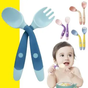 Set x2 cubiertos flexibles para bebés: cuchara y tenedor para aprendizaje, ideal para comer.