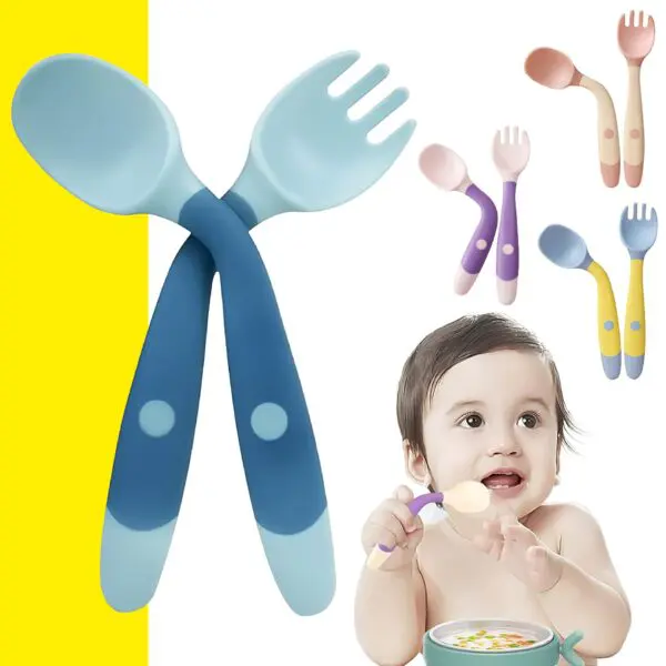 Cubiertos Flexibles Para Bebes Cuchara y Tenedor Con Estuche