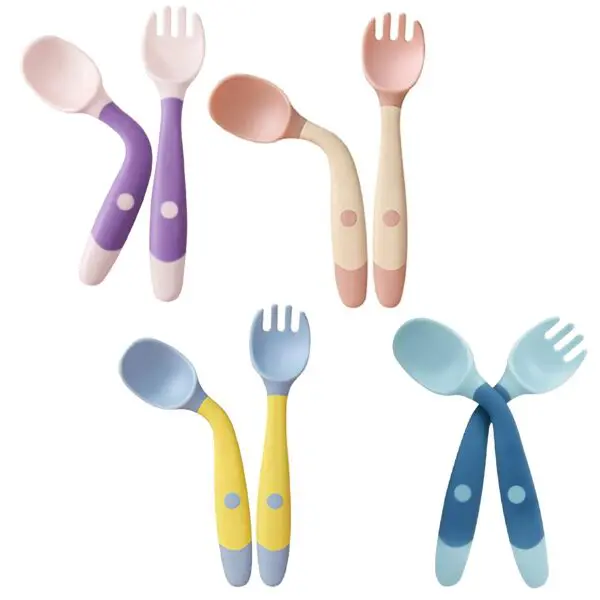 Set x2 cubiertos flexibles para bebés: cuchara y tenedor color lila/rosa y azul/amarillo.