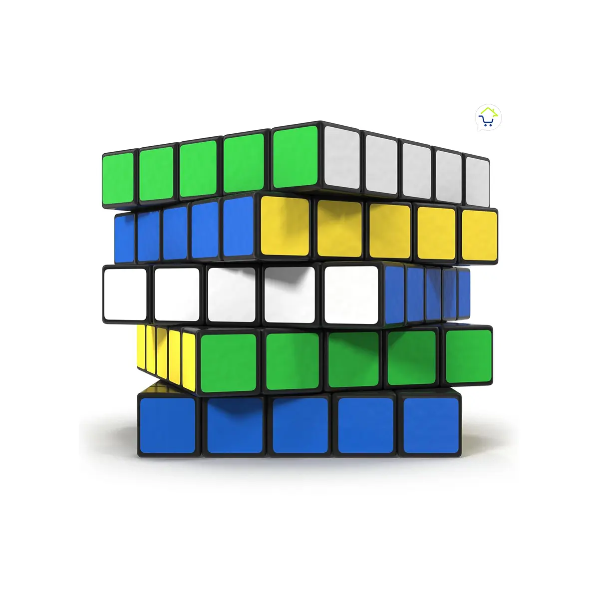 Cubo Rubik 5x5 desordenado con caras verdes, amarillas, blancas y azules visibles.