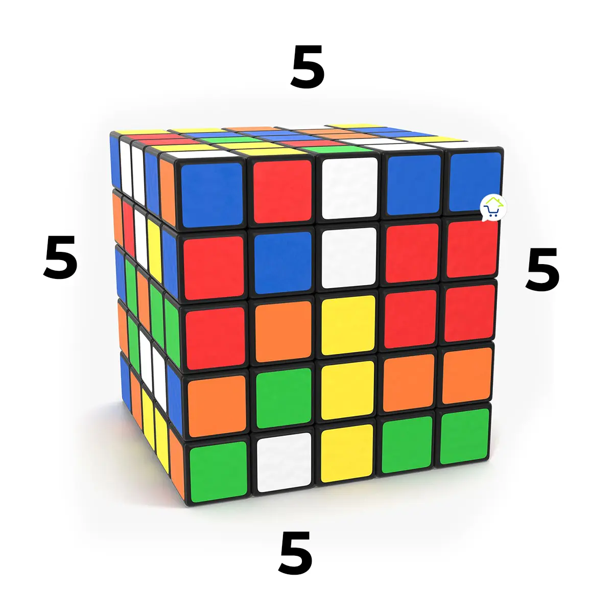 Cubo Rubik 5x5, rompecabezas mágico de colores, visto desde un ángulo superior.