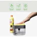 Dispensador de jabón líquido para lavaplatos con esponja, ideal para cocina, operación con una mano.