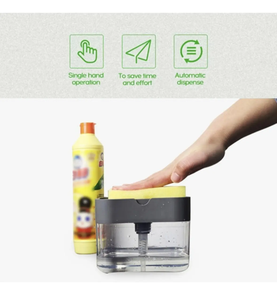 Dispensador de jabón líquido para lavaplatos con esponja, ideal para cocina, operación con una mano.