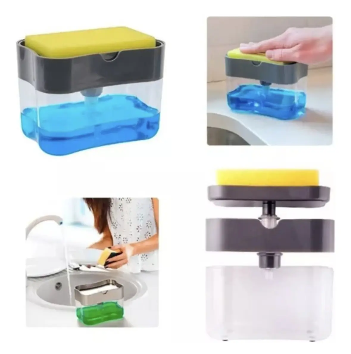 Dispensador de jabón líquido para lavaplatos con esponja, ideal para cocina, color transparente.
