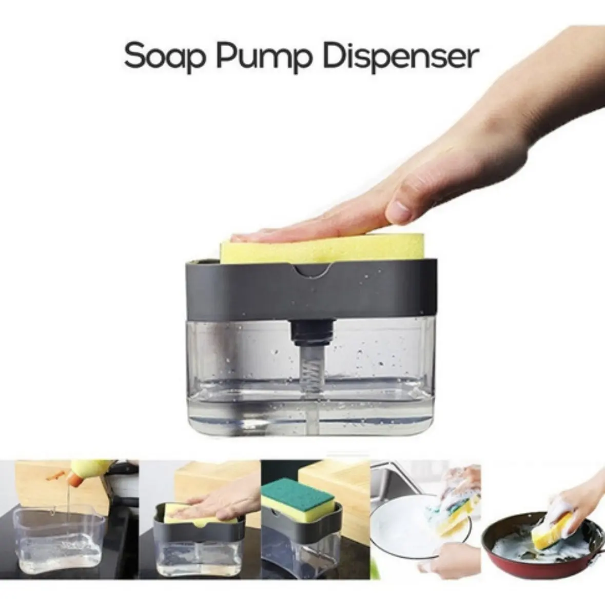 Dispensador de jabón para lavaplatos con esponja en acción, ideal para tu cocina.