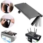 Estante ajustable plegable para TV con puertos USB, ideal para routers y decodificadores.