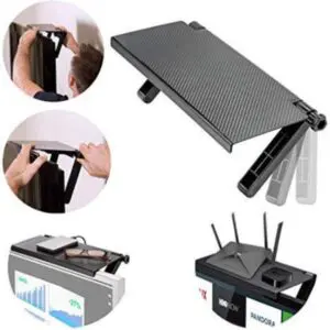 Estante ajustable plegable para TV con puertos USB, ideal para routers y decodificadores.
