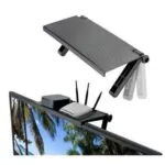 Estante plegable negro para TV, base ajustable con soportes para router y caja de TV.