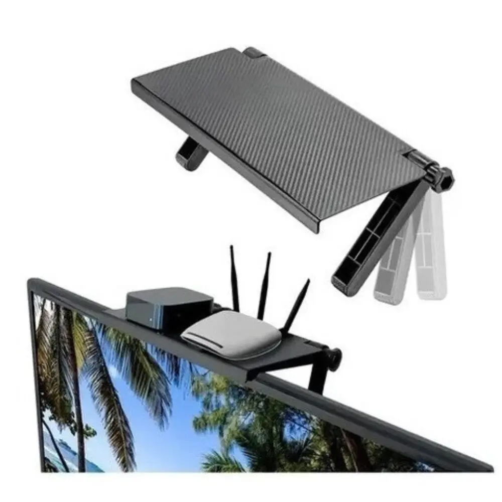 Estante plegable negro para TV, base ajustable con soportes para router y caja de TV.