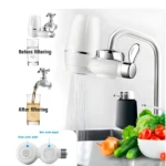 Filtro purificador de agua para grifo con agua limpia cayendo sobre verduras frescas y limones.