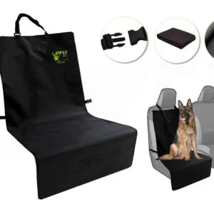Forro protector para asiento de carro de mascota, color negro, marca LAVOF PET, con correa.