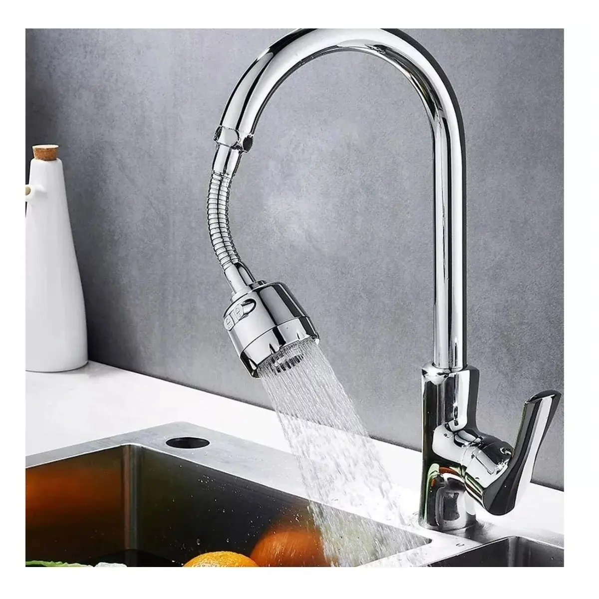 Grifo de cocina cromado con rociador giratorio 360° y ahorro de agua, ideal para la cocina.