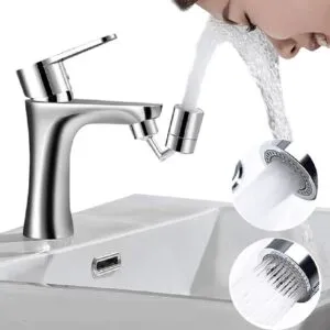Grifo ahorrador de agua giratorio multifuncional en lavabo blanco, ideal para lavado facial.