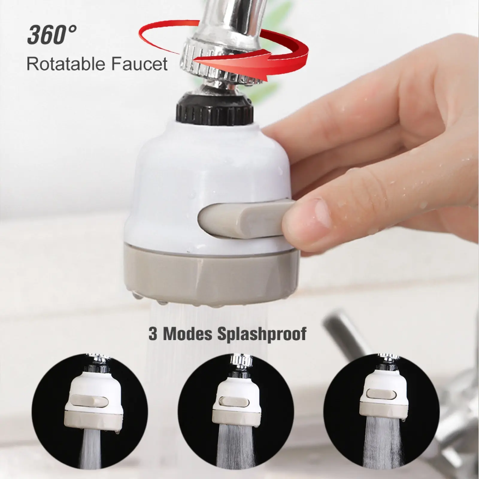 Grifo aireador giratorio 360° con 3 modos de chorro, ideal para ahorrar agua.