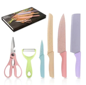 Juego de 6 cuchillos de cocina de acero inoxidable con pelador y tijeras en colores pastel.