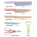 Juego de 6 cuchillos de cocina de acero inoxidable, incluye carnicero, chef, panero, paring, tijeras y pelador.