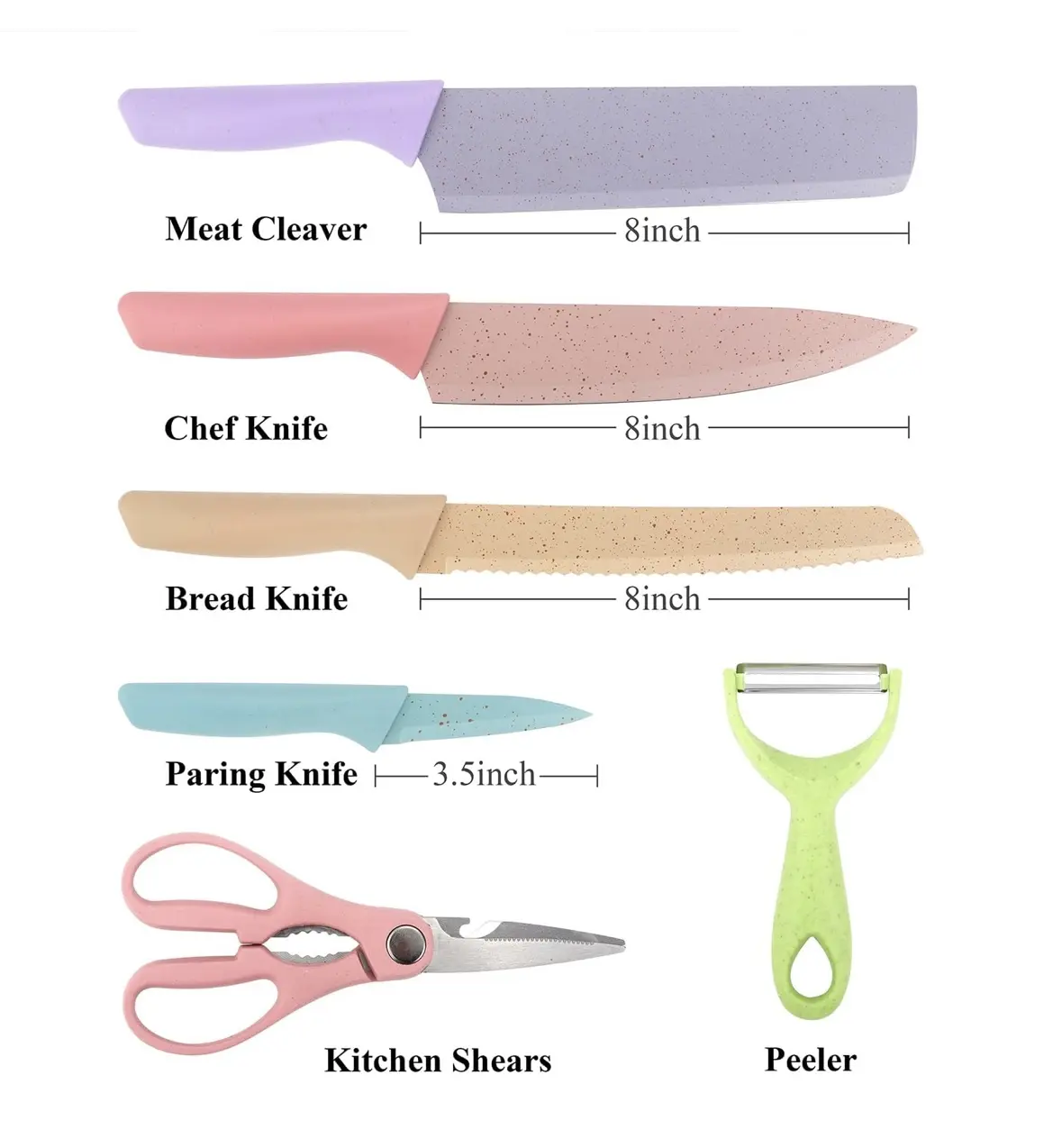 Juego de 6 cuchillos de cocina de acero inoxidable, incluye carnicero, chef, panero, paring, tijeras y pelador.