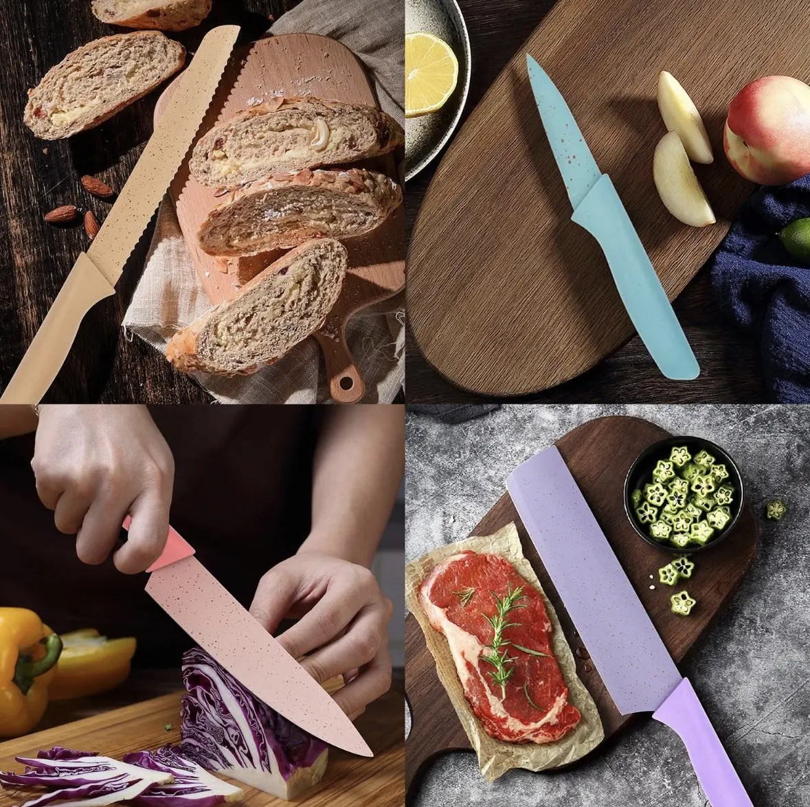 Juego de 6 cuchillos de cocina de acero inoxidable, coloridos para cortar pan, carne y vegetales en la cocina.