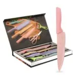 Juego de cuchillos de cocina de acero inoxidable de 6 piezas en color rosa y pasteles.