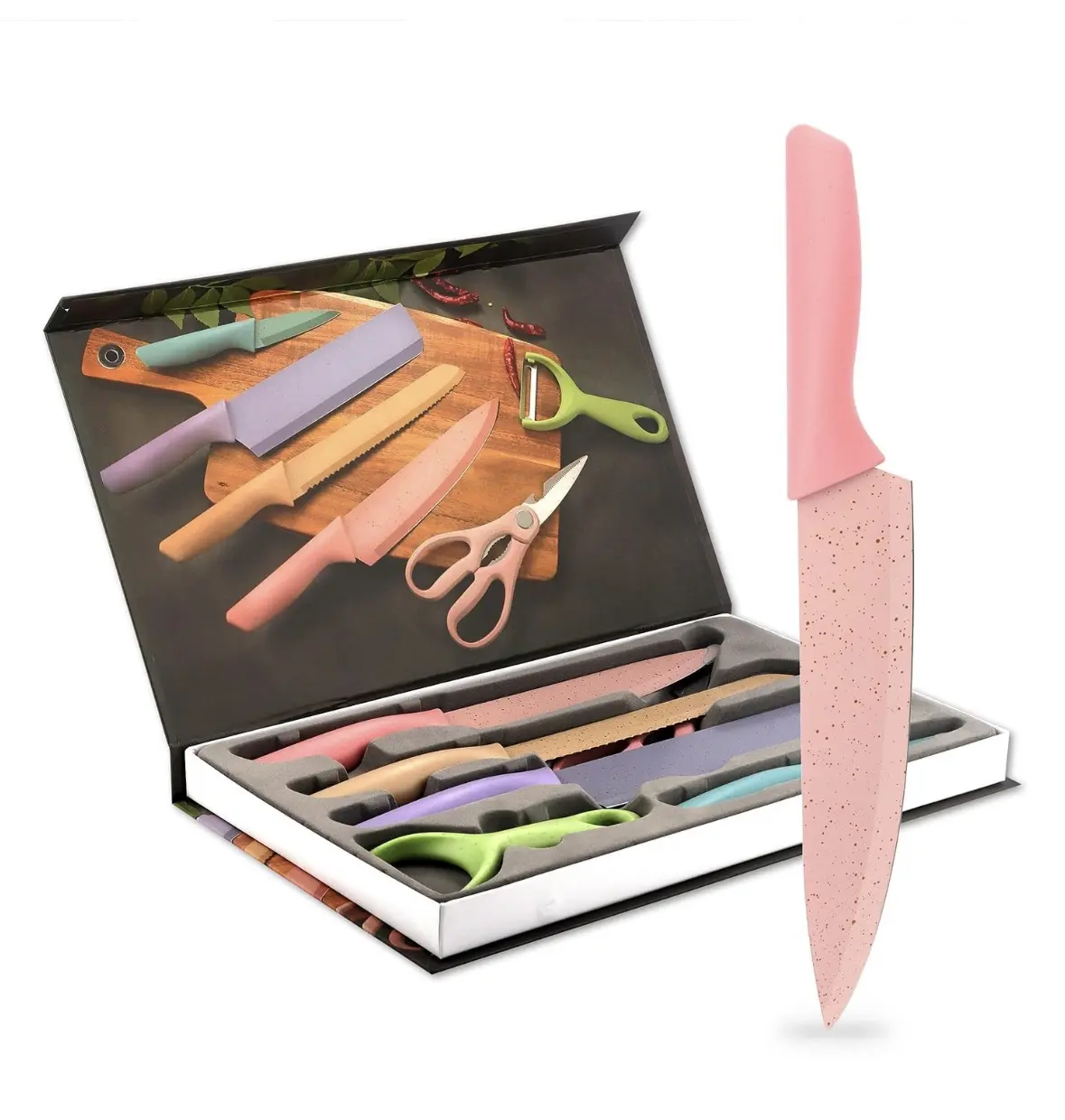 Juego de cuchillos de cocina de acero inoxidable de 6 piezas en color rosa y pasteles.