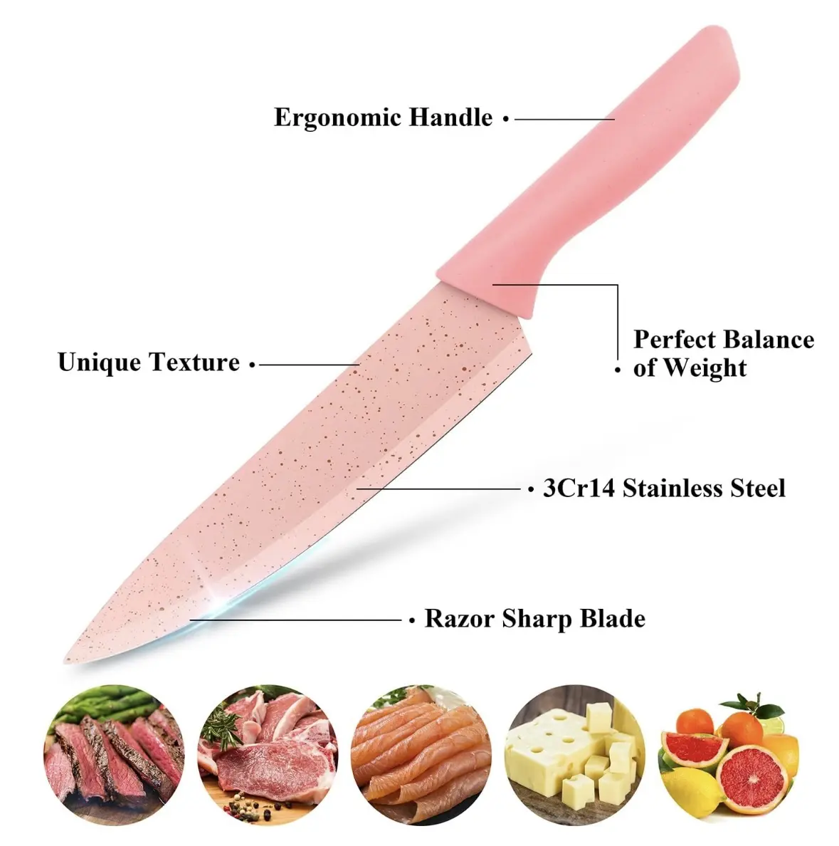 Cuchillo de cocina con hoja afilada de acero inoxidable 3Cr14, mango ergonómico y textura única para carnes, pescados y ques…