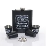 Licorera Jack Daniels 9 oz acero inoxidable con 4 copas y embudo.