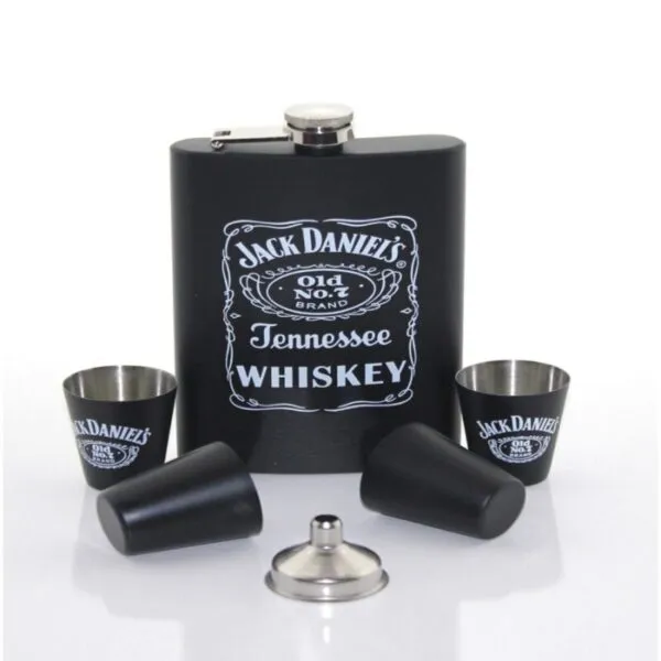 Licorera Jack Daniels 9 oz acero inoxidable con 4 copas y embudo.