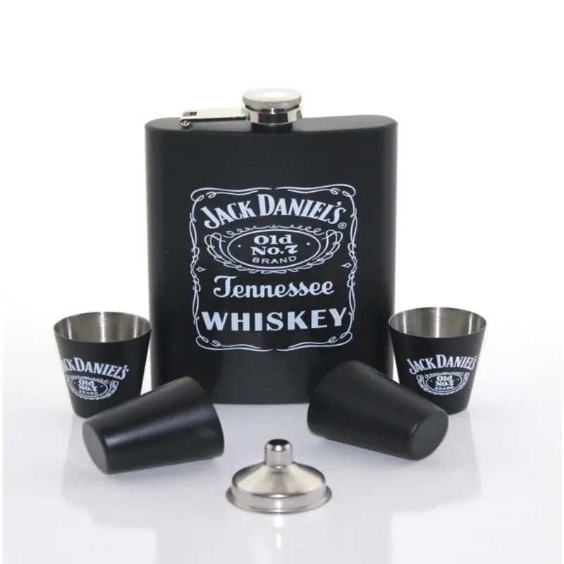 Licorera Jack Daniels 9 oz acero inoxidable con 4 copas y embudo.