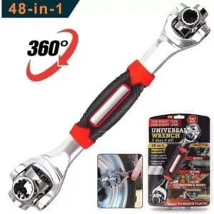 Llave multiusos 48 en 1 universal 360° con mango ergonómico rojo y negro para diferentes trabajos.
