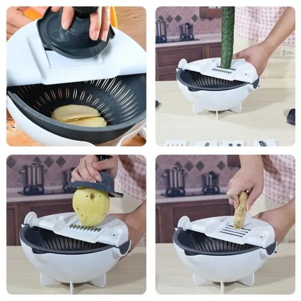 Rallador picador 9 en 1: Pica, corta y escurre verduras y frutas con facilidad.