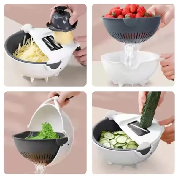 Rallador picador 9 en 1 con cortador y escurridor multifuncional para verduras y frutas.