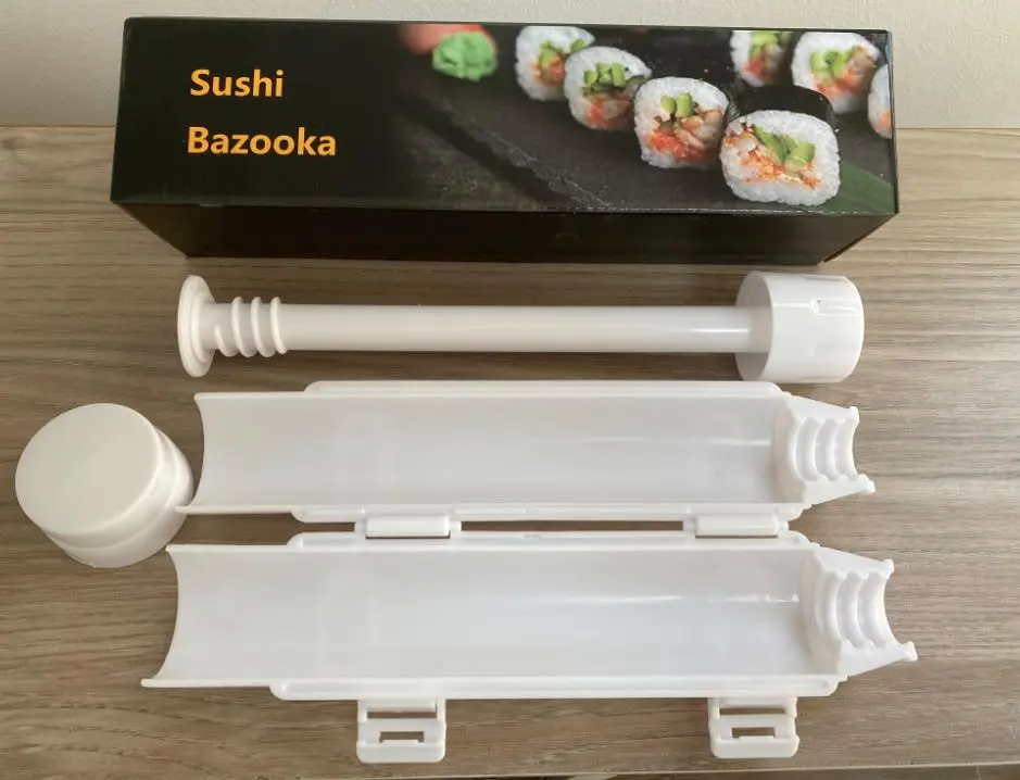 Máquina para hacer sushi Bazooka x2, molde de plástico blanco para enrollar.