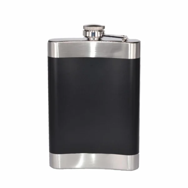 Licorera de acero inoxidable negra de 9 oz con tapa plateada y detalle Harley Davidson.