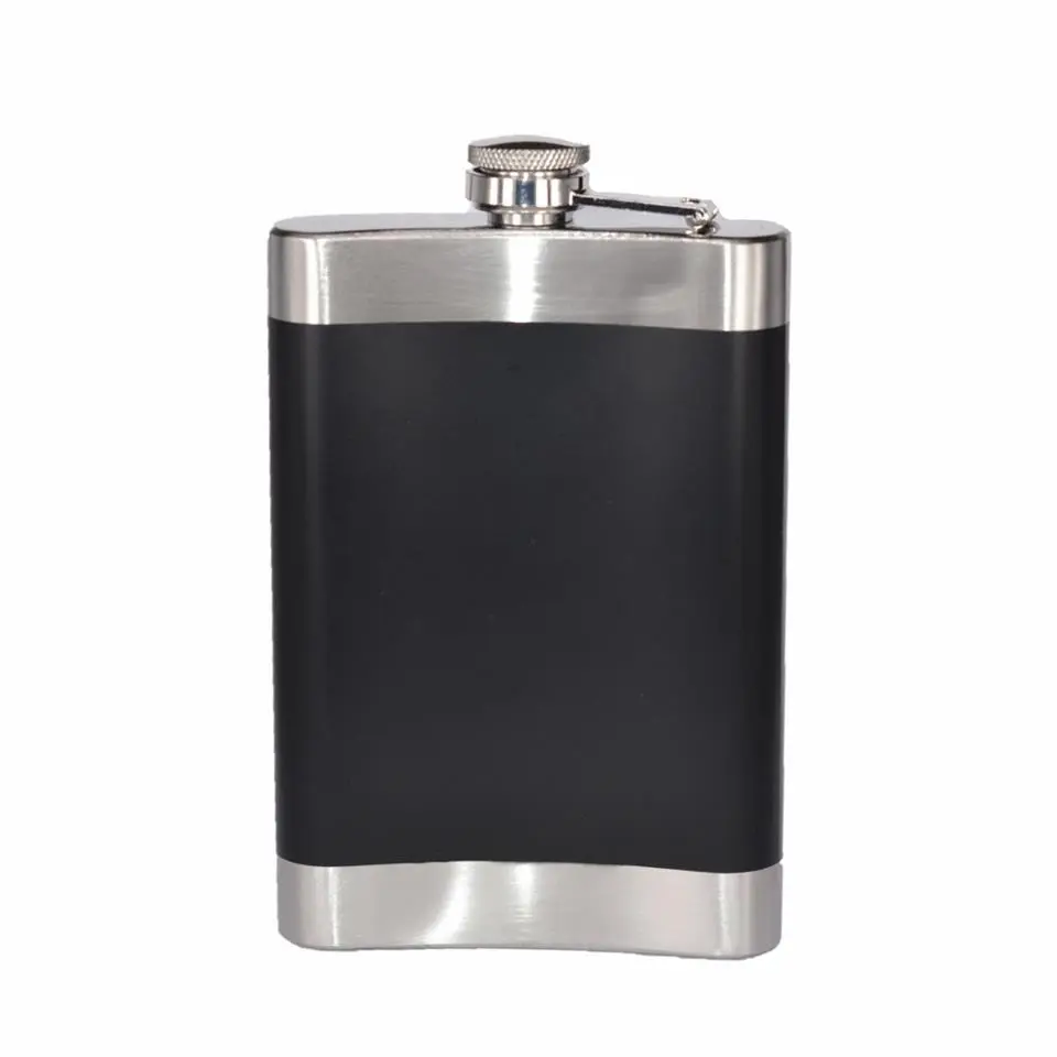 Licorera de acero inoxidable negra de 9 oz con tapa plateada y detalle Harley Davidson.