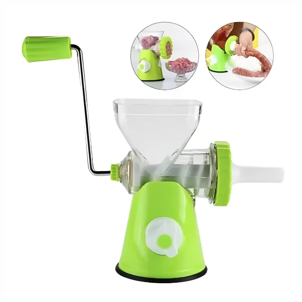 Molino manual para carne verde con accesorio para embutir y manivela, ideal para cocina.