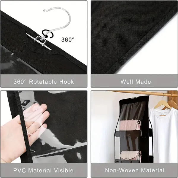 Organizador de bolsos colgante para closet con 6 espacios, hecho de material no tejido y PVC.
