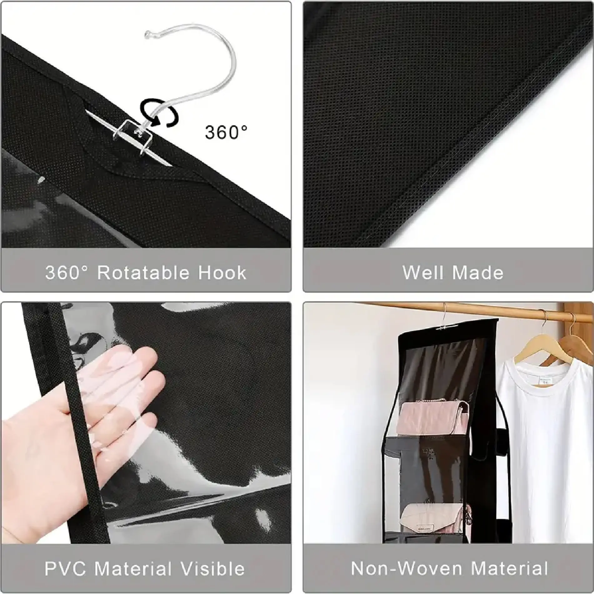 Organizador de bolsos colgante para closet con 6 espacios, hecho de material no tejido y PVC.
