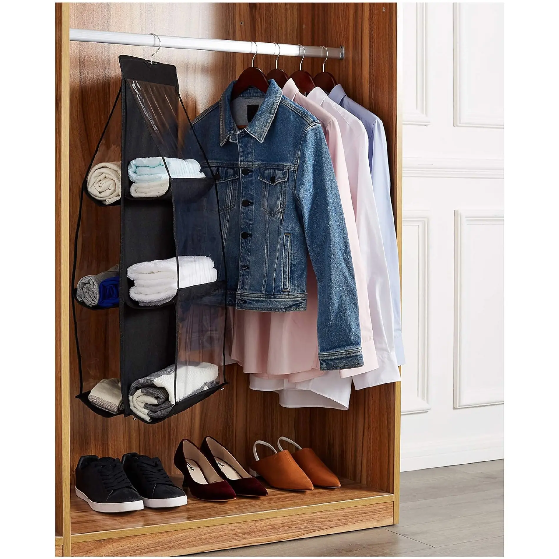 Organizador colgante para closet con 6 espacios para bolsos, zapatos y accesorios.