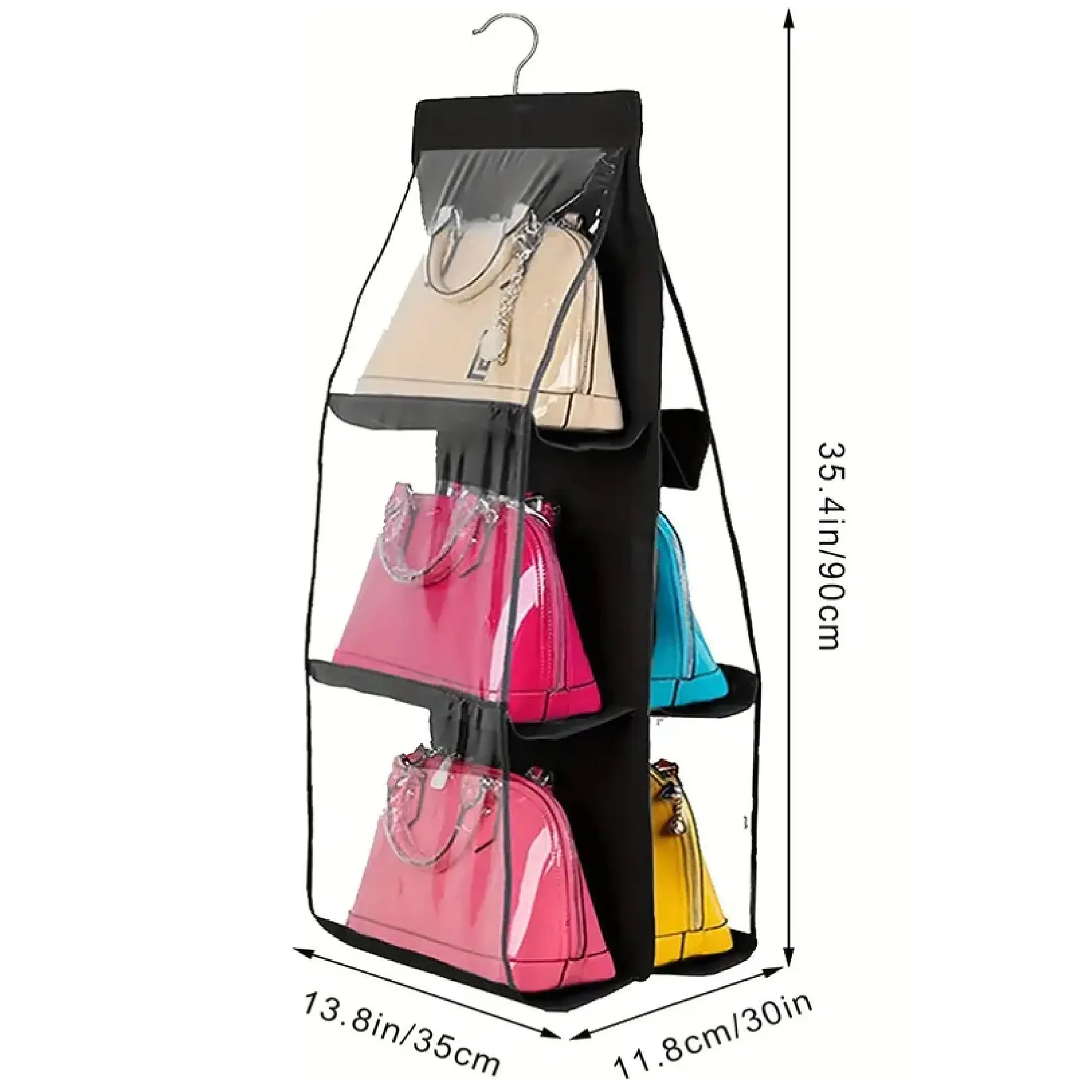 Organizador de bolsos colgante para closet con 6 espacios, muestra 3 bolsos rosados, 1 beige, 1 azul y 1 amarillo.