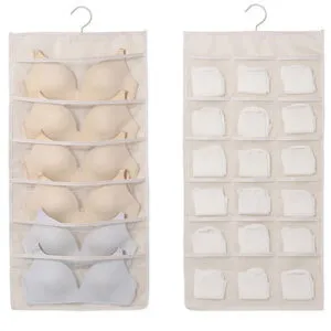 Organizador colgante de ropa interior y calcetines doble cara, beige, 20 compartimentos.