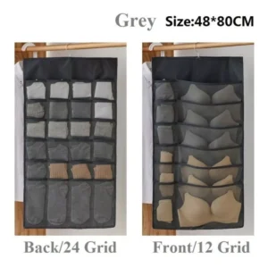 Organizador colgante gris para armario, doble cara, 24 y 12 compartimentos, para ropa interior y calcetines.