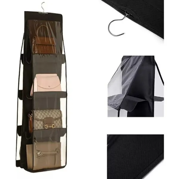 Organizador de bolsos de 4 niveles para armario, colgante, transparente, negro
