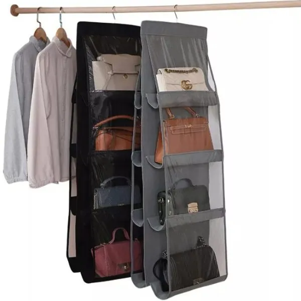Organizador de bolsos de 4 niveles para armario con diversos bolsos de mano en exhibición.
