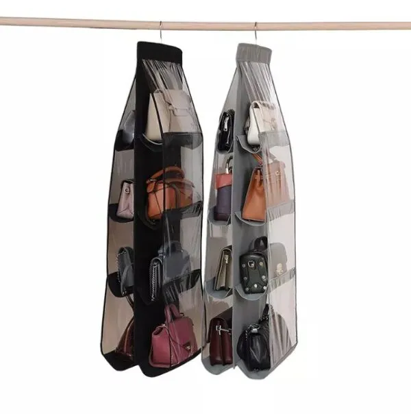 Organizador de bolsos de 4 niveles en armario, con diferentes tipos de carteras y bolsos colgando, color negro y gris.